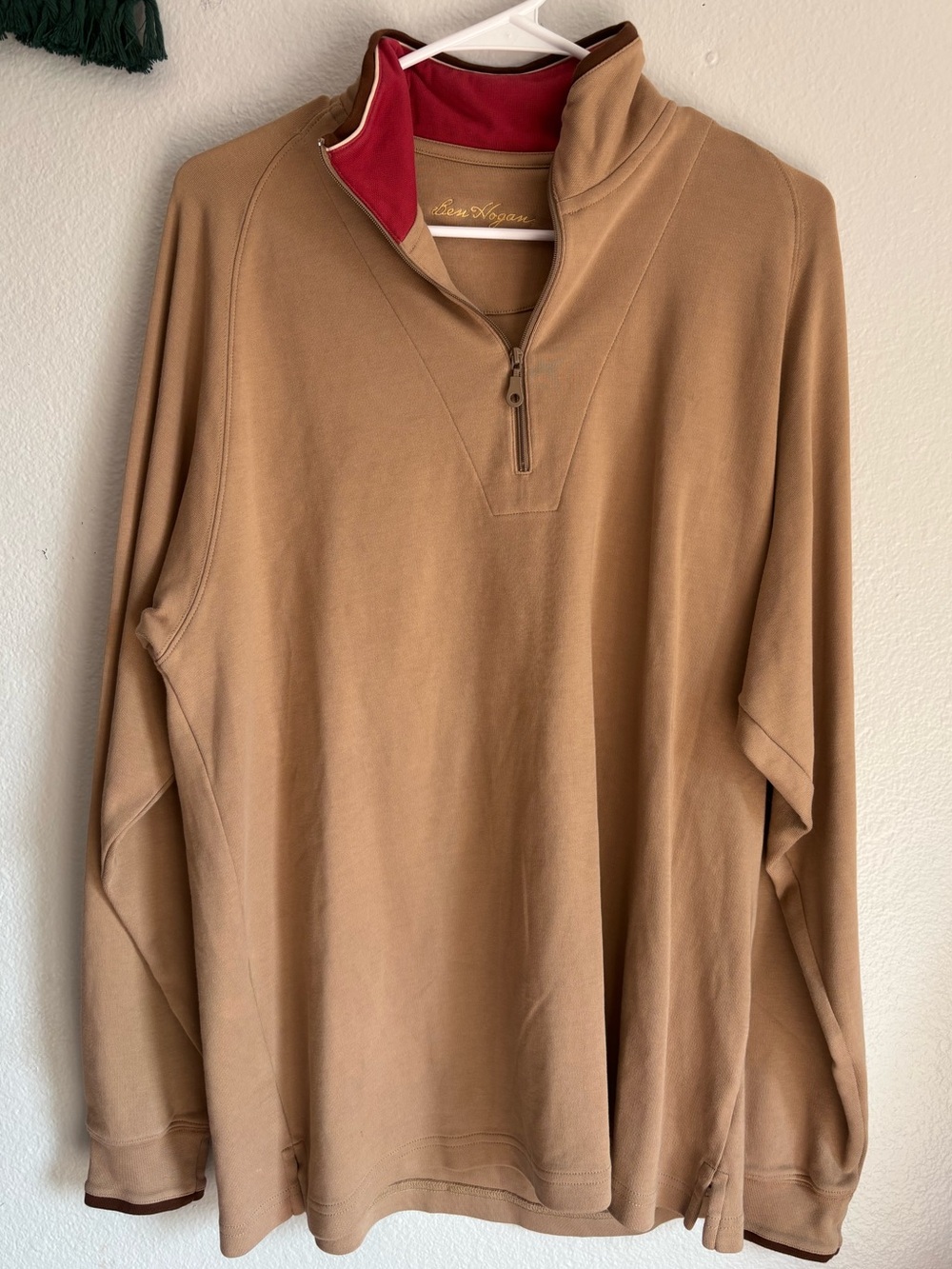 Ben Hogan Men's Sz M quarter Zip up collar Neck Sweater Camel 100% Pima cotton